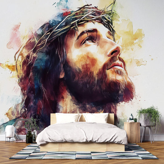 Jesus Wall Mural – Crown of Thorns Christian Art – Religious Bedroom Decor – Watercolor Jesus Painting – Faith Wall Art Large Vn610