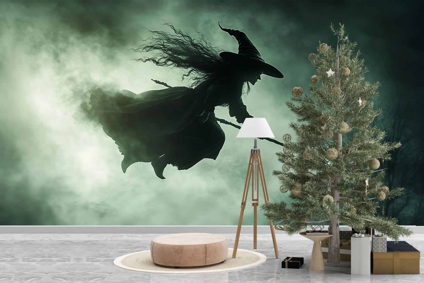Flying Witch Silhouette Wall Mural – Spooky Halloween Night Scene Vn806
