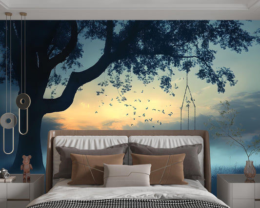 Tree Swing Sunset Wall Mural – Serene Forest Bedroom Wallpaper, Nature Landscape Art for Modern Home Decor Vn097