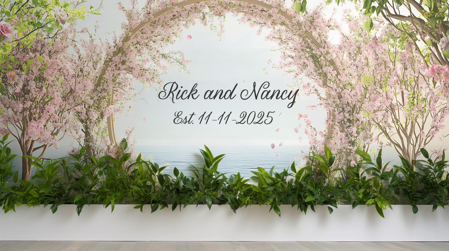 Romantic Wedding Backdrop with Names & Date – Cherry Blossom Arch Decor Vn511