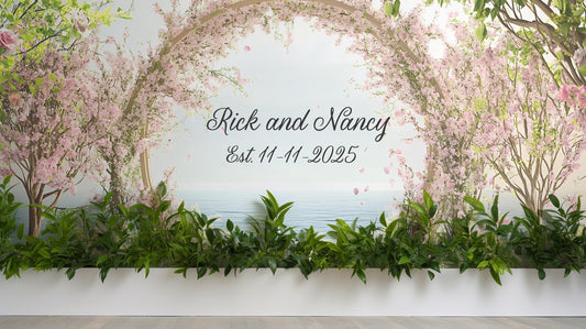 Romantic Wedding Backdrop with Names & Date – Cherry Blossom Arch Decor Vn511