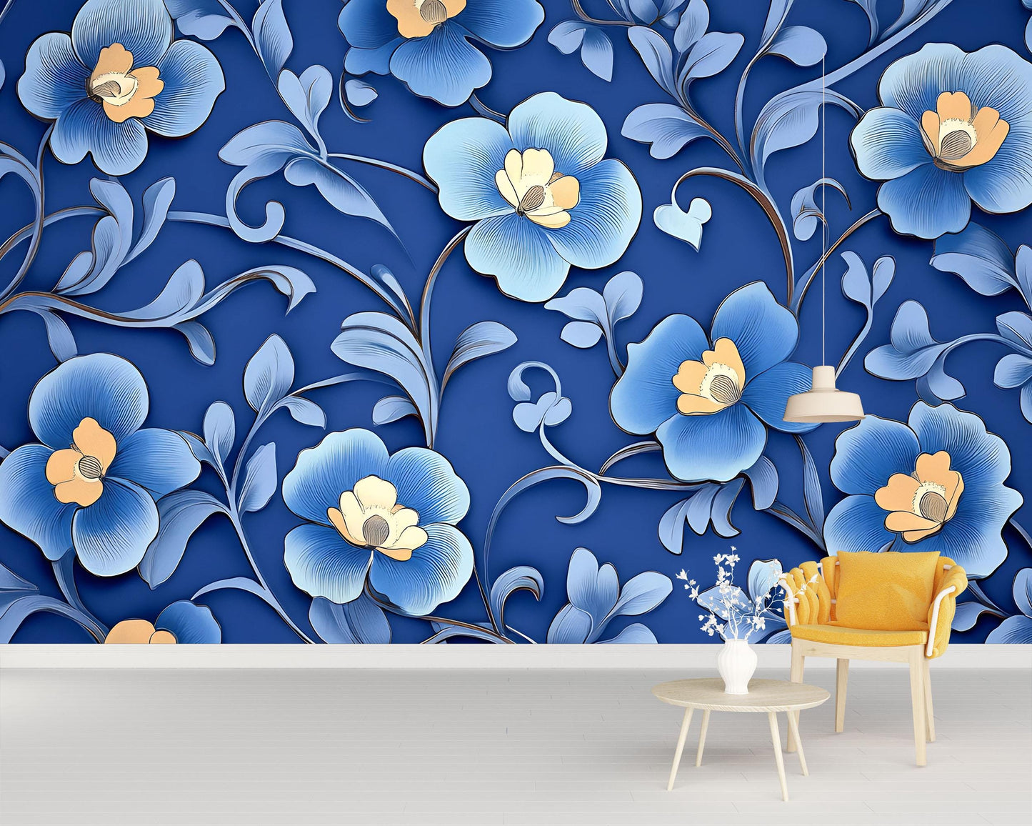 Blue and Yellow Floral Wall Mural – Bold 3D Effect Botanical Wallpaper for Living Room Vn770