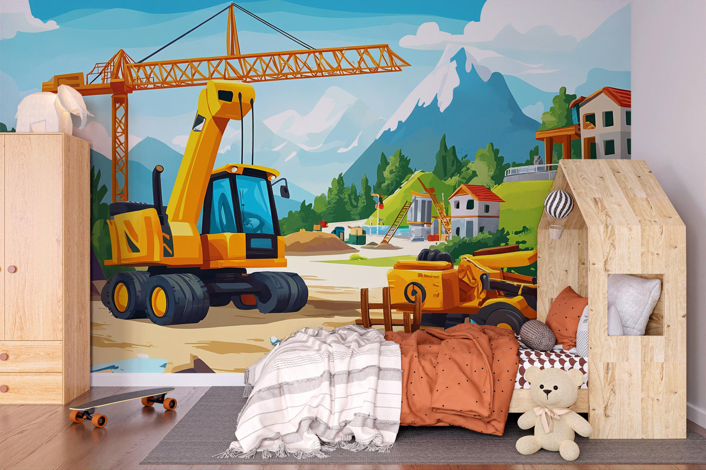 Construction Site Wall Mural for Kids Room - Cartoon Digger Crane and Mountain Scene - Removable Wallpaper Vn438
