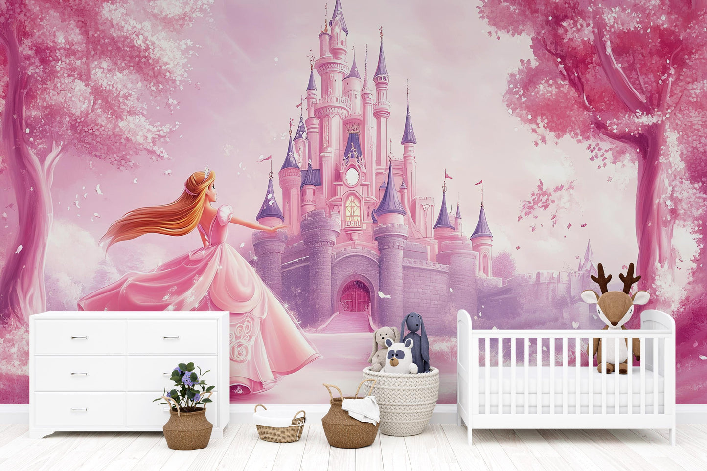 Pink Princess Castle Wall Mural – Fairytale Girl’s Room Decor, Removable Wallpaper for Nursery or Playroom Vn359