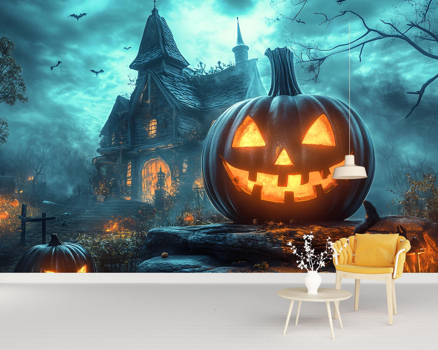 Halloween Haunted House Wall Mural – Spooky Jack-o’-Lantern Wallpaper for Party or Home Decor  Vn786