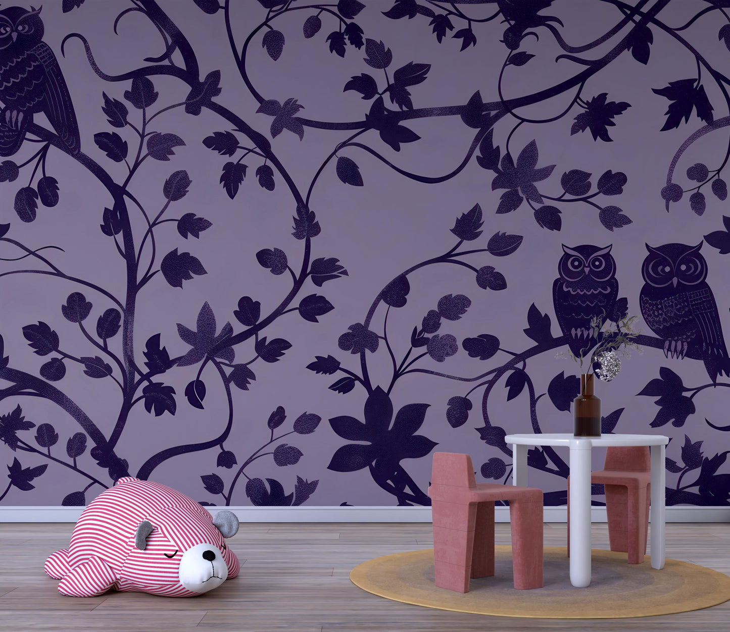 Purple Owl Wallpaper – Whimsical Forest Vine Wall Mural Vn1094