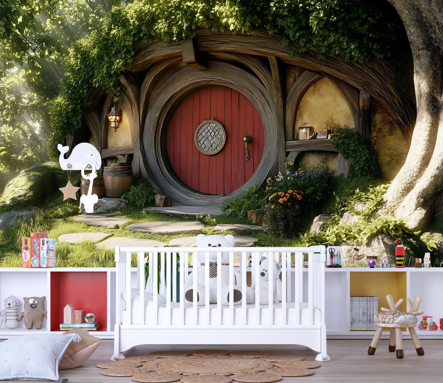 Hobbit Nursery Wall Mural – Fantasy Woodland Door Backdrop | Cozy Kids Room Decor | Enchanted Hobbit Hole Wallpaper Vn606