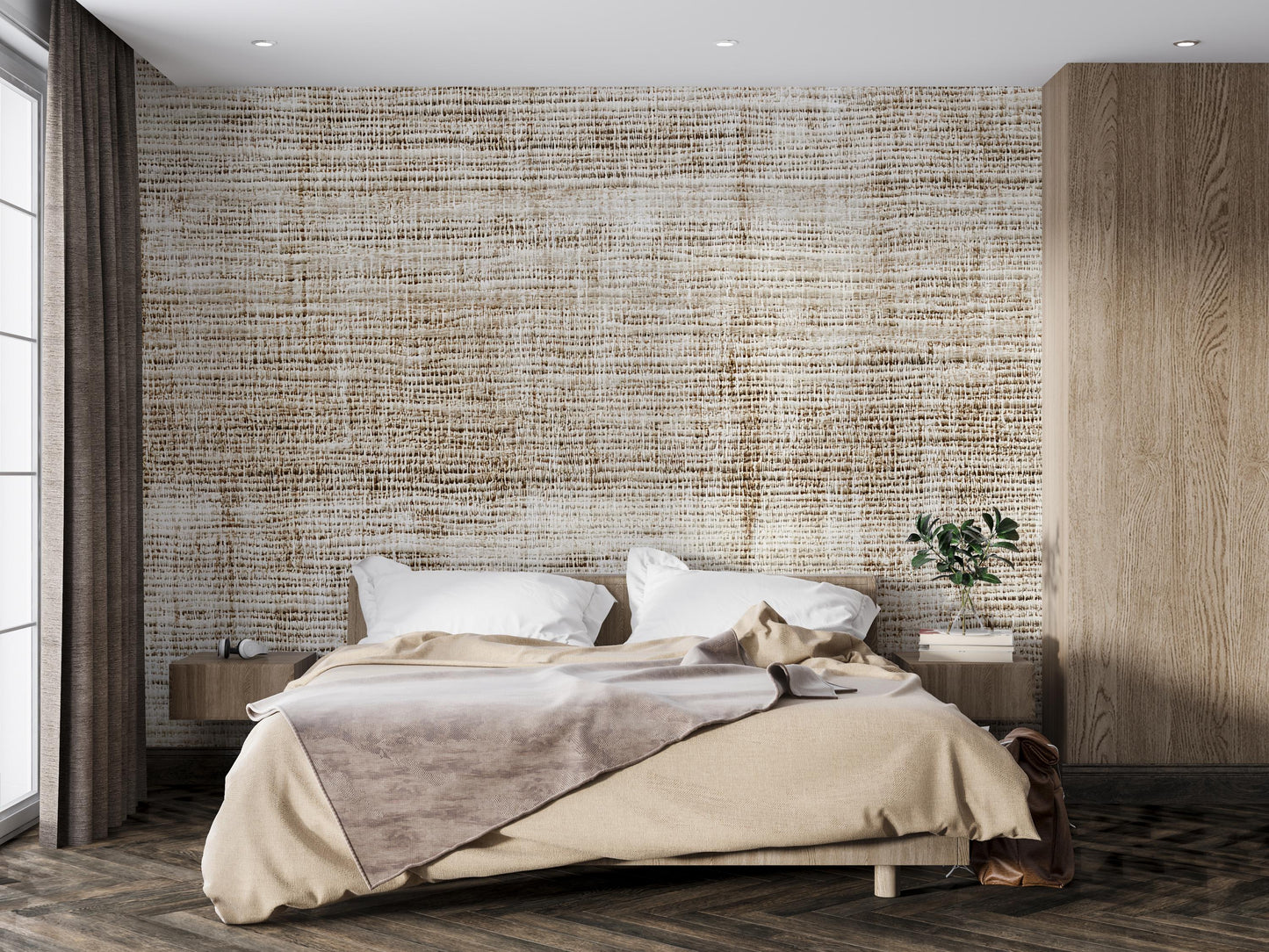Beige Linen Wallpaper – Neutral Textured Fabric Look Wall Mural for Modern Home Decor Vn1013