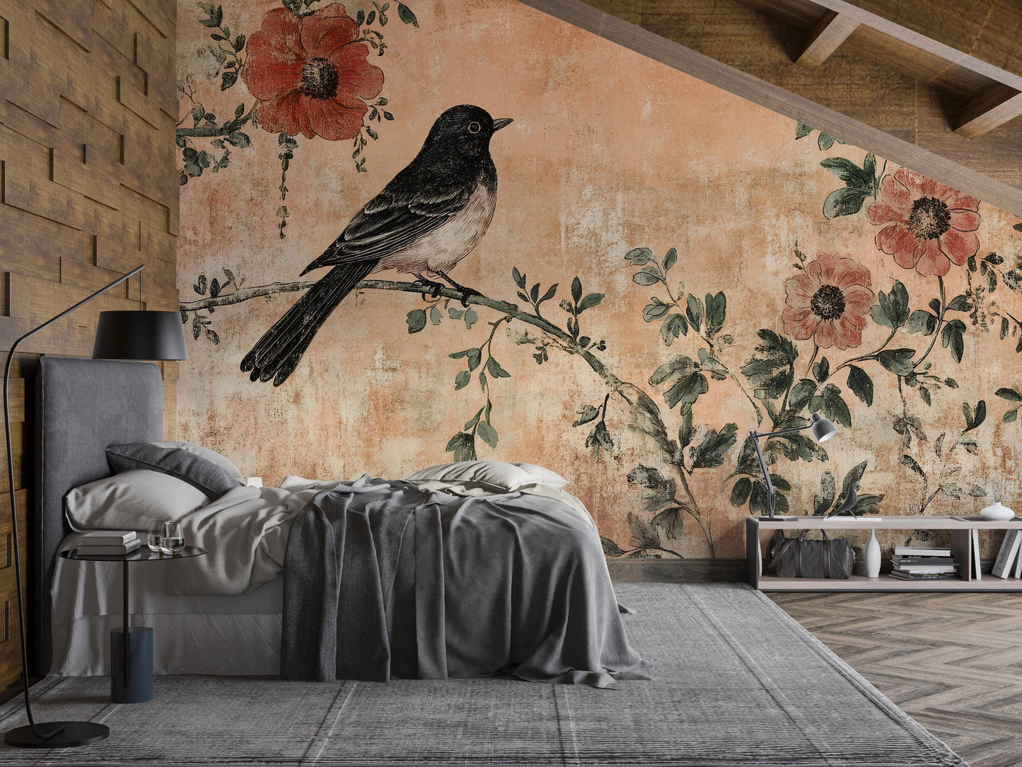 Rustic Bird Mural – Vintage Floral Wallpaper Botanical Wall Art Vn1001