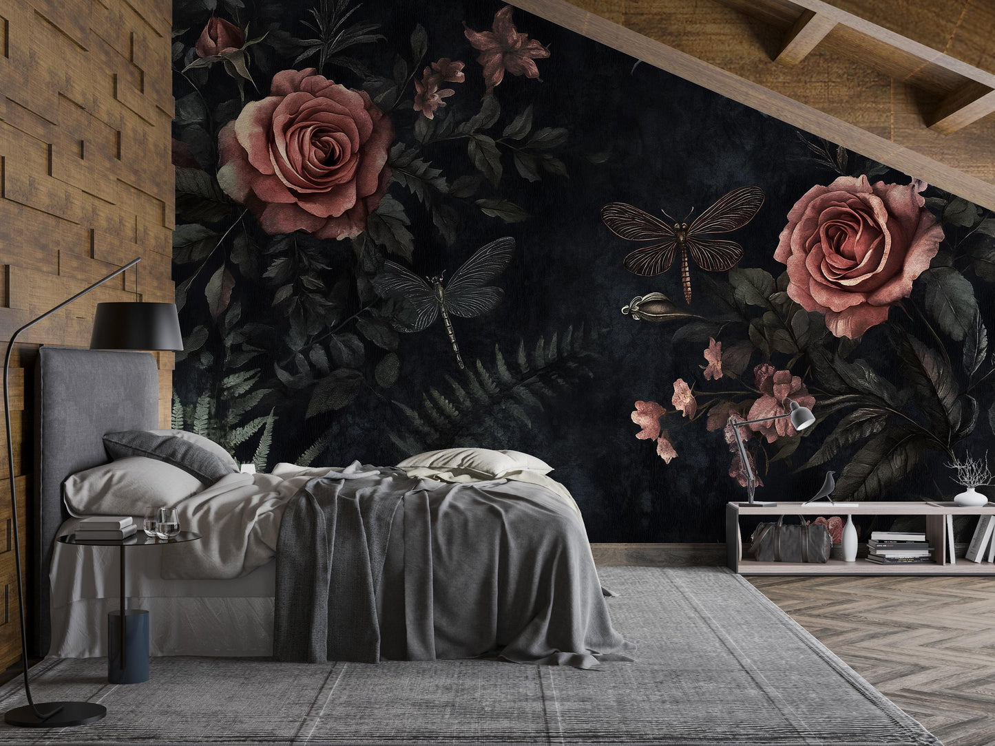 Dark Rose & Dragonfly Wall Art – Vintage Botanical Print Vn956