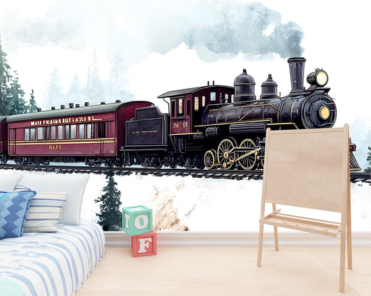 Vintage Steam Train Wall Mural for Kids Room - Railroad Themed Boys Bedroom Decor - Peel and Stick Train Wallpaper Nursery Art Vn017