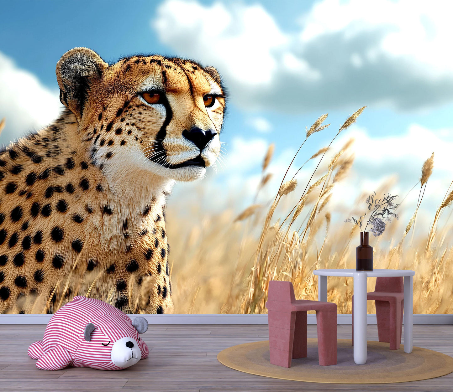 Cheetah in Grassland Wall Mural – Realistic Wildlife Safari Wallpaper for Nursery or Bedroom Vn781