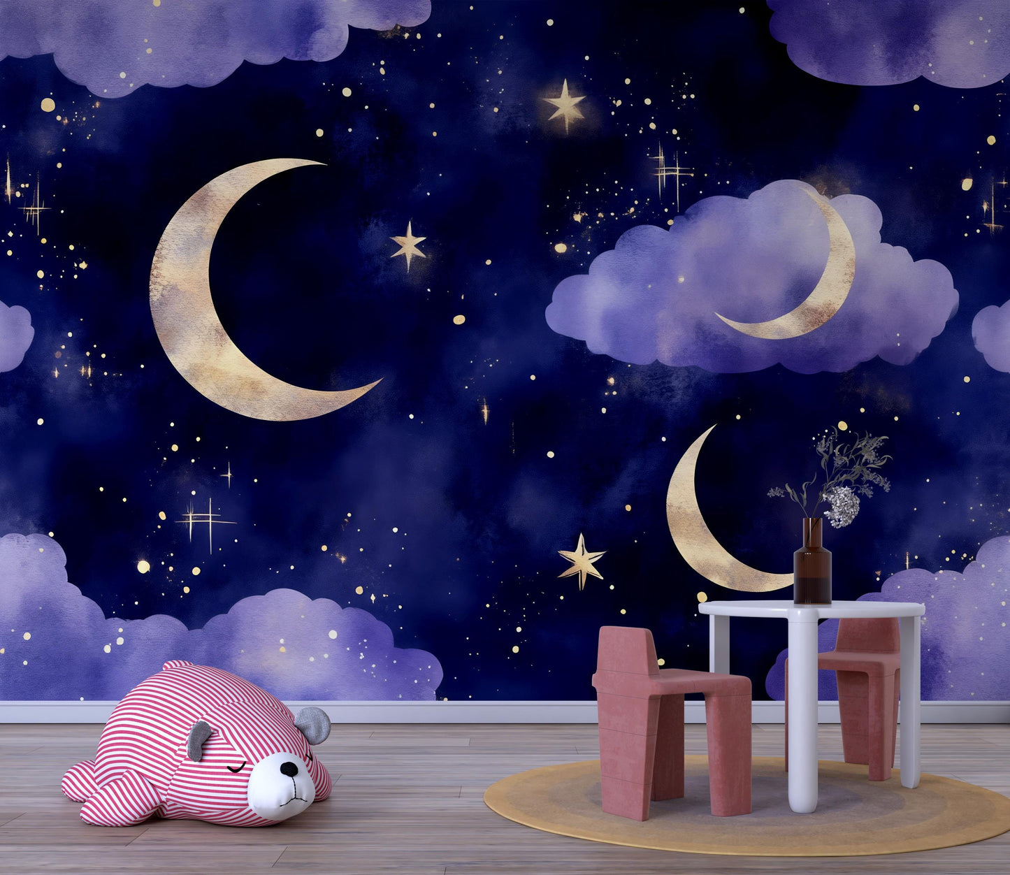 Moon and Stars Mural – Purple Night Sky Nursery Wallpaper Baby Room Decor Vn995