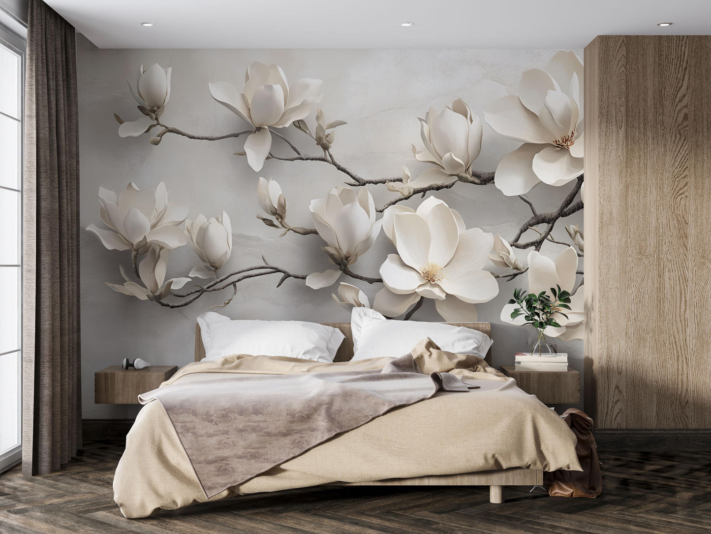 White Magnolia Flower Mural – 3D Effect Botanical Wall Art for Bedroom or Living Room Vn767