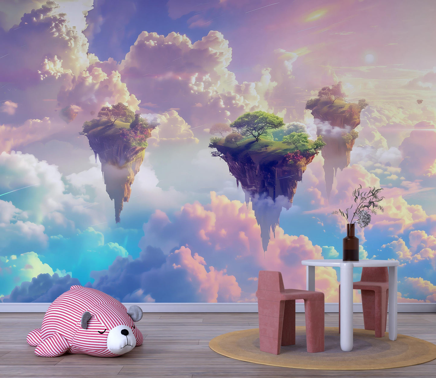 Fantasy Floating Islands Wall Mural – Dreamy Sky & Clouds Wallpaper, Magical Kids Room Decor, Surreal Accent Wall Art Vn1081