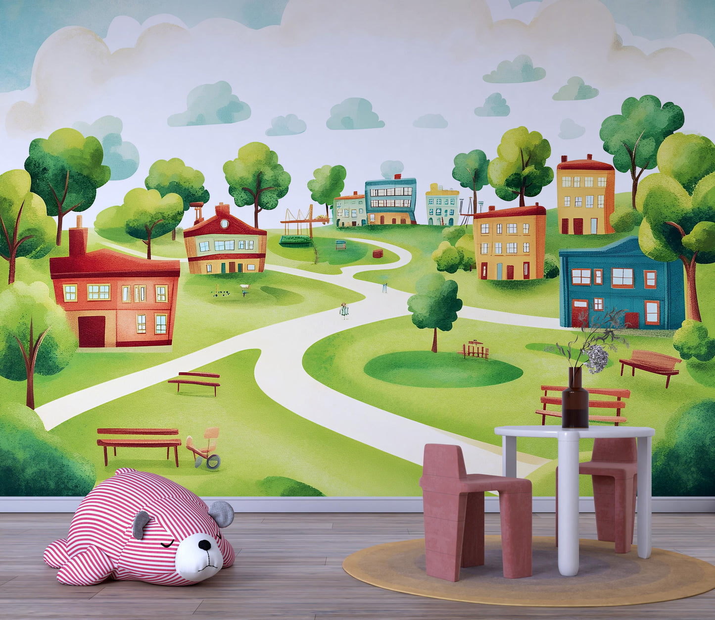 Whimsical Kids Wall Mural – Colorful Village Landscape Wallpaper for Nursery or Playroom – Peel and Stick Removable Mural Vn420