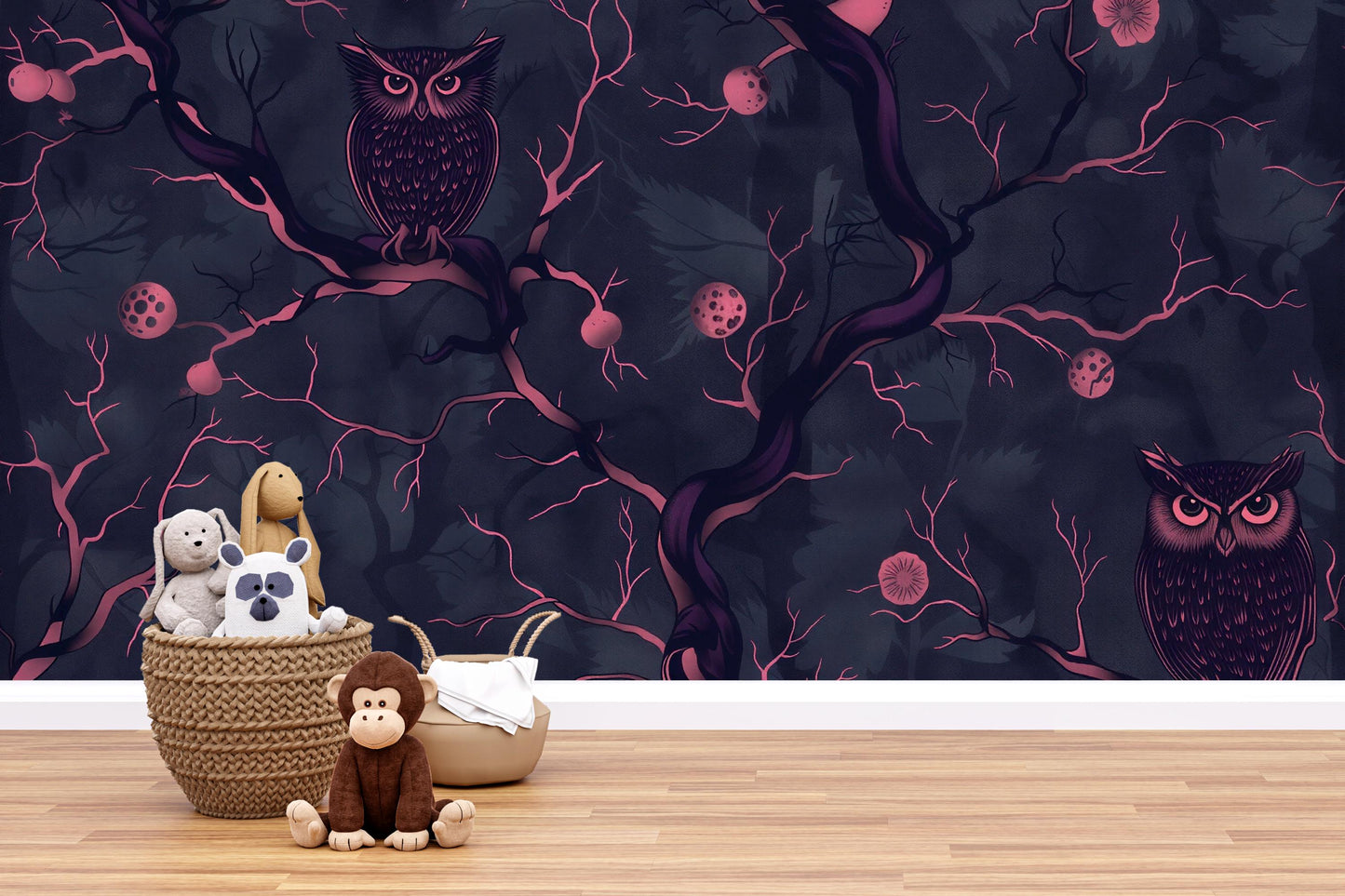 Dark Owl Forest Wallpaper – Enchanted Woodland Wall Mural Vn1096
