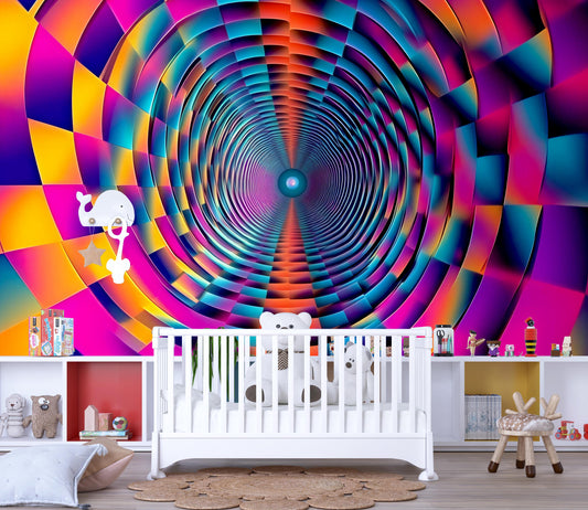 Psychedelic Spiral Wall Mural – Neon 3D Optical Illusion Kids Room Wallpaper Vn915