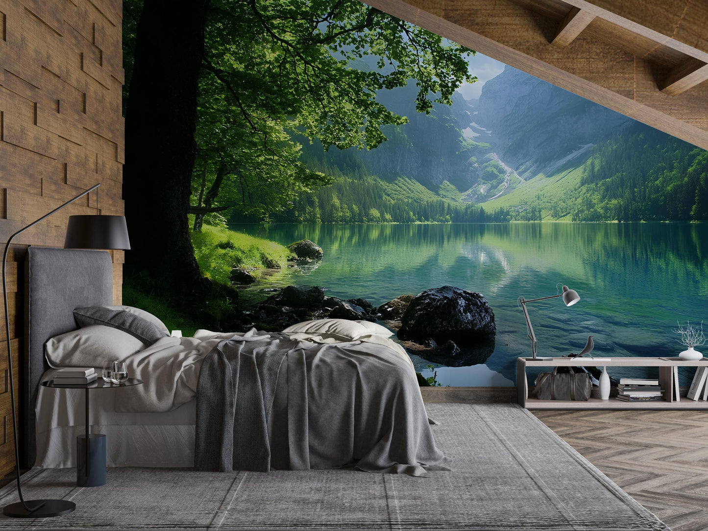 Nature Lake Wall Mural – Mountain Forest Landscape Bedroom Wallpaper Vn691