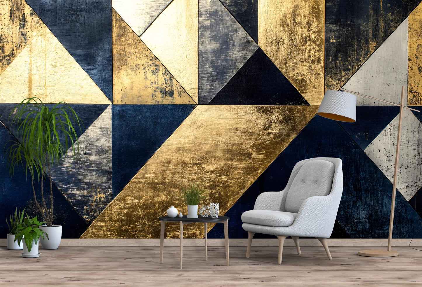 Gold Navy Geometric Wall Mural – Luxury Abstract Wallpaper Vn965