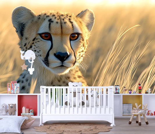 Cheetah Safari Nursery Wall Mural | Jungle Animal Baby Room Decor | Wildlife Big Cat Wallpaper | Removable Kids Wall Art Vn537