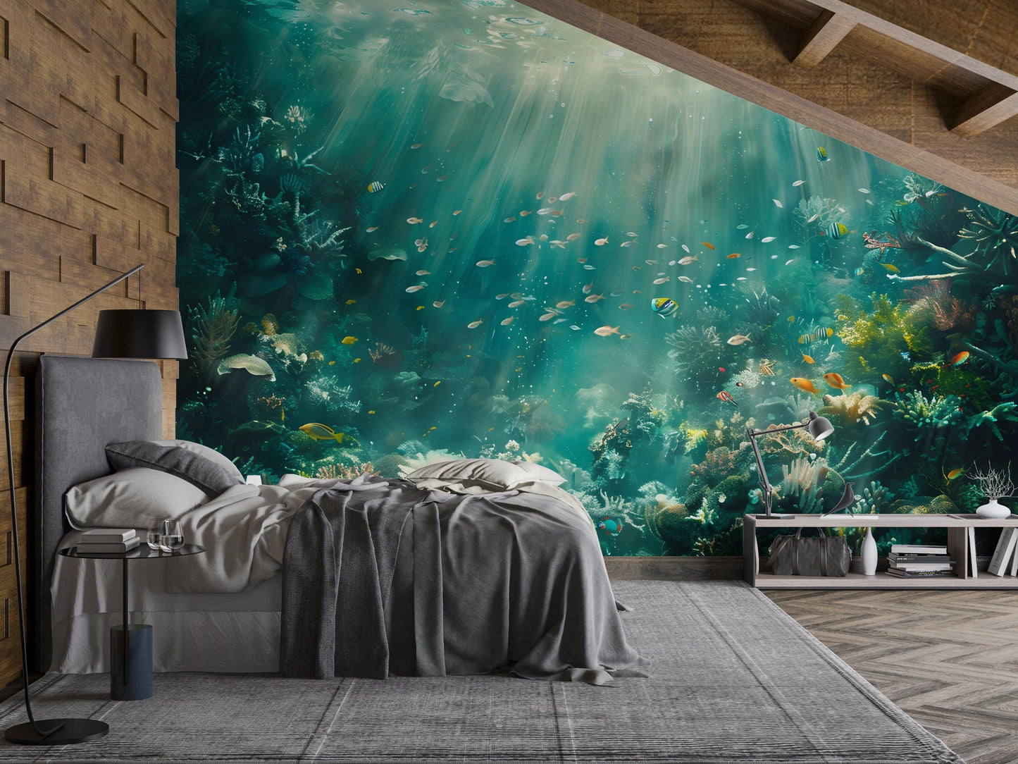 Underwater Ocean Wall Mural – Coral Reef & Fish Wallpaper, Aquatic Sea Life Accent Wall Decor for Bedroom or Living Room Vn1067