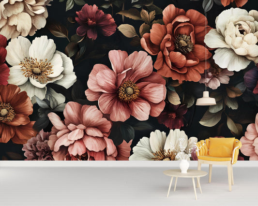 Bold Dark Floral Wall Mural – Large Vintage Flowers Wallpaper – Romantic Bedroom Wall Decor – Peel & Stick or Traditional Vn646