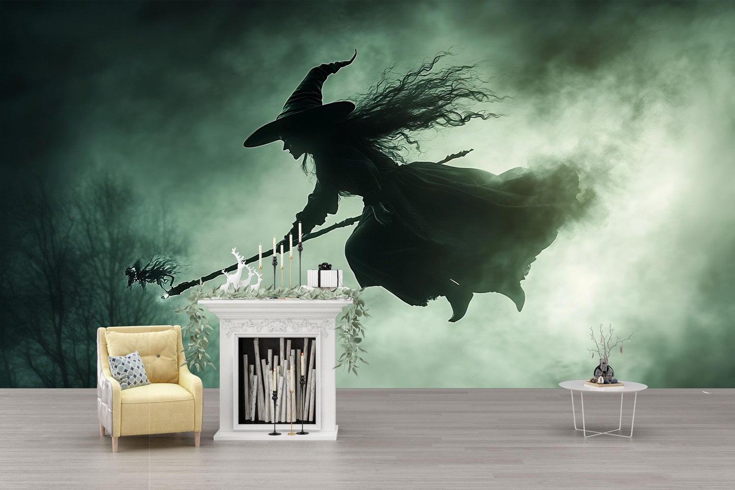 Flying Witch Silhouette Wall Mural – Spooky Halloween Night Scene Vn806