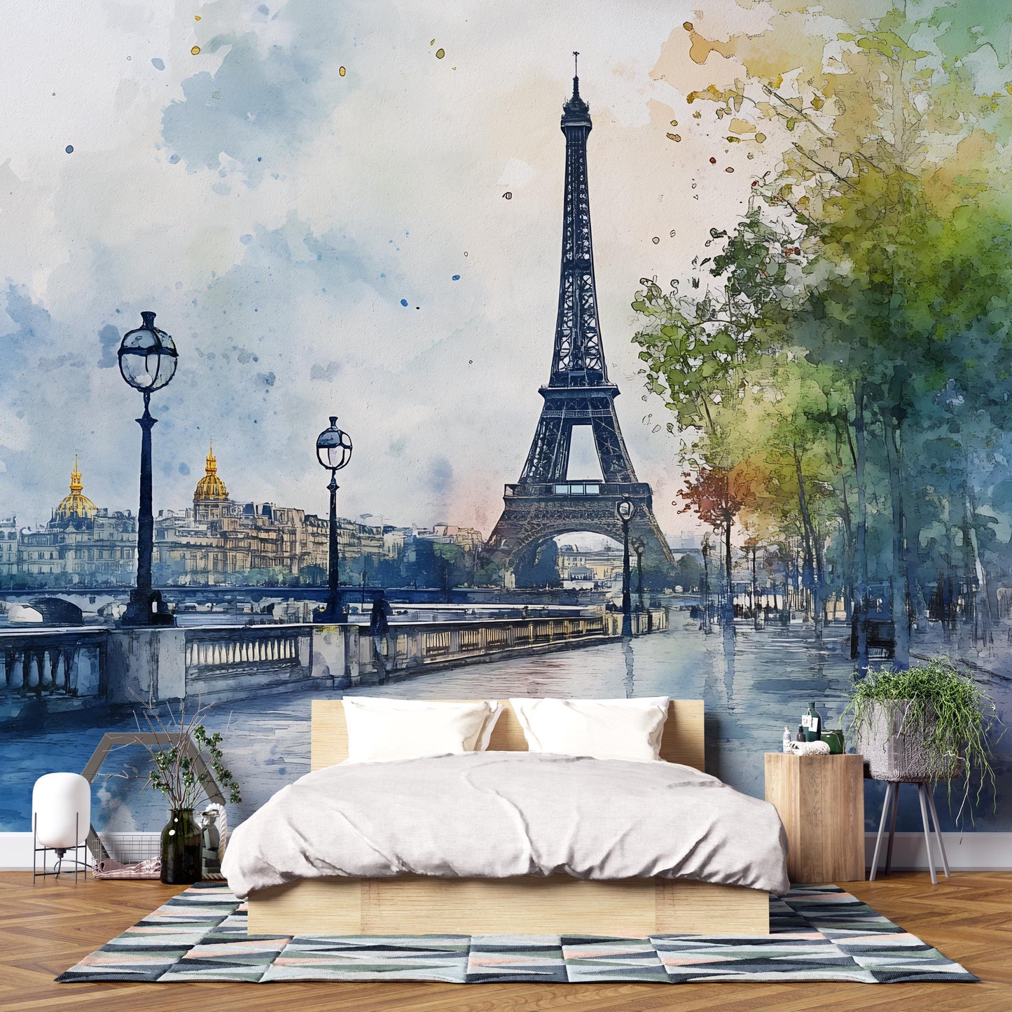 Eiffel Tower Wall Mural – Paris Watercolor Cityscape Wallpaper Vn928