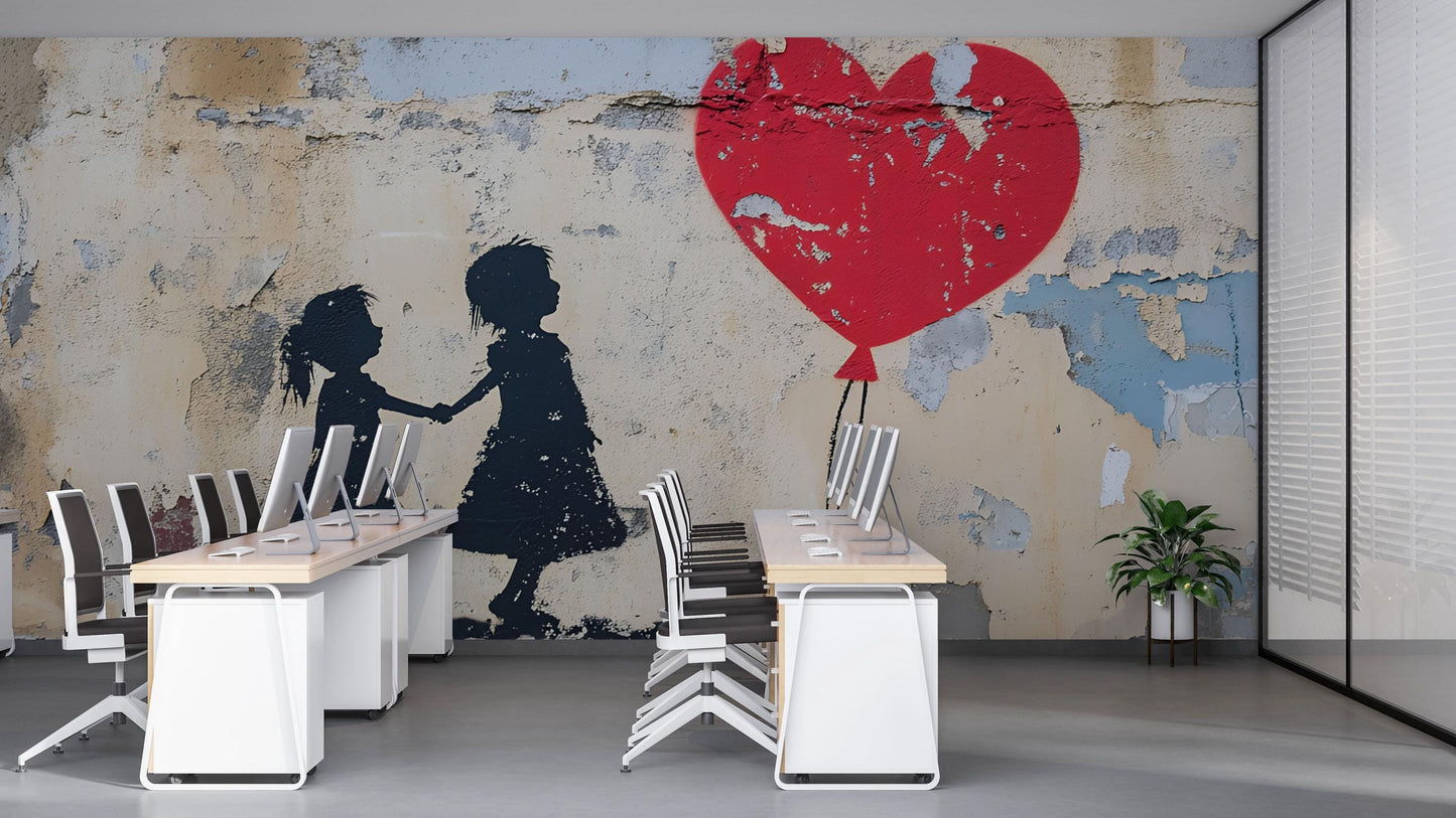 Banksy Heart Balloon Girl Office Wall Mural – Modern Graffiti Street Art Removable Wallpaper for Workspace & Home Decor Vn735