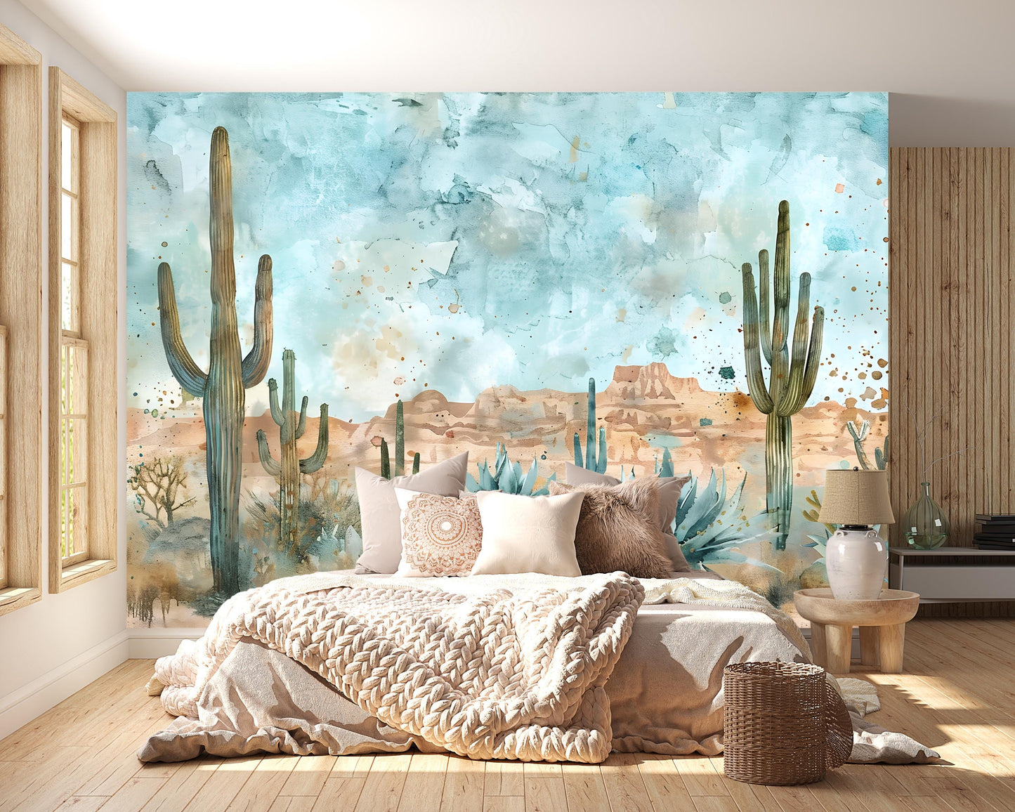 Southwestern Desert Cactus Wall Mural – Boho Western Landscape Wallpaper Vn1005
