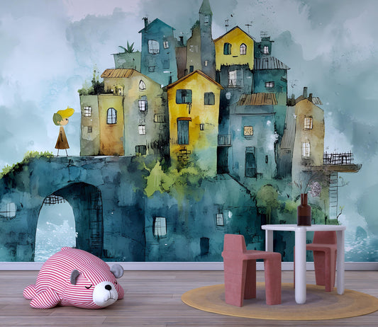Whimsical Village Nursery Wall Art | Watercolor Houses Mural with Planet Mobile | Dreamy Baby Room Decor Vn086