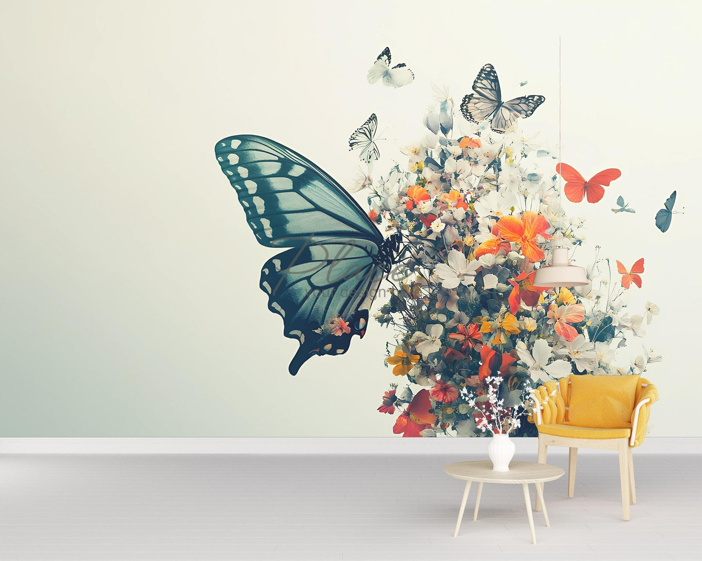 Large Butterfly & Floral Wall Mural – Colorful Nature Wall Art for Living Room or Office Vn484
