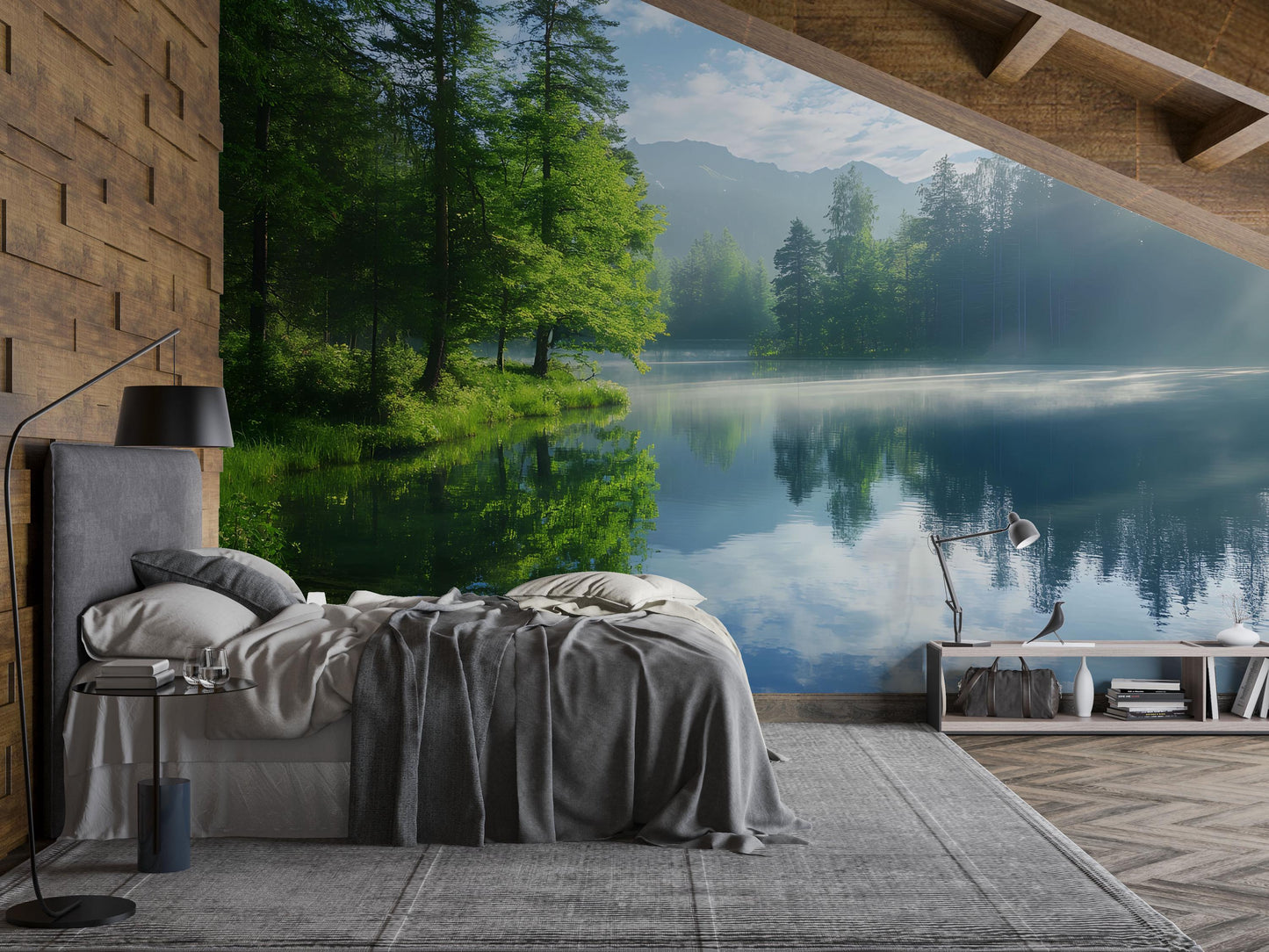 Lake Forest Wall Mural – Nature Scenic Wallpaper, Serene Mountain Lake Wall Art, Forest Bedroom Decor Vn687