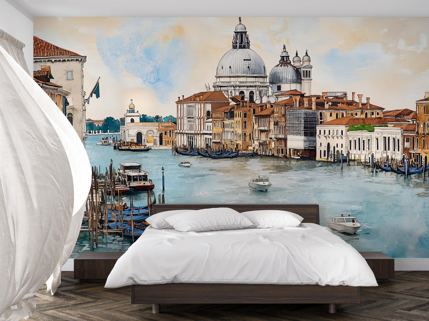Venice Grand Canal Basilica Wall Mural – Italy Watercolor Gondola Wallpaper for Bedroom & Living Room Vn920
