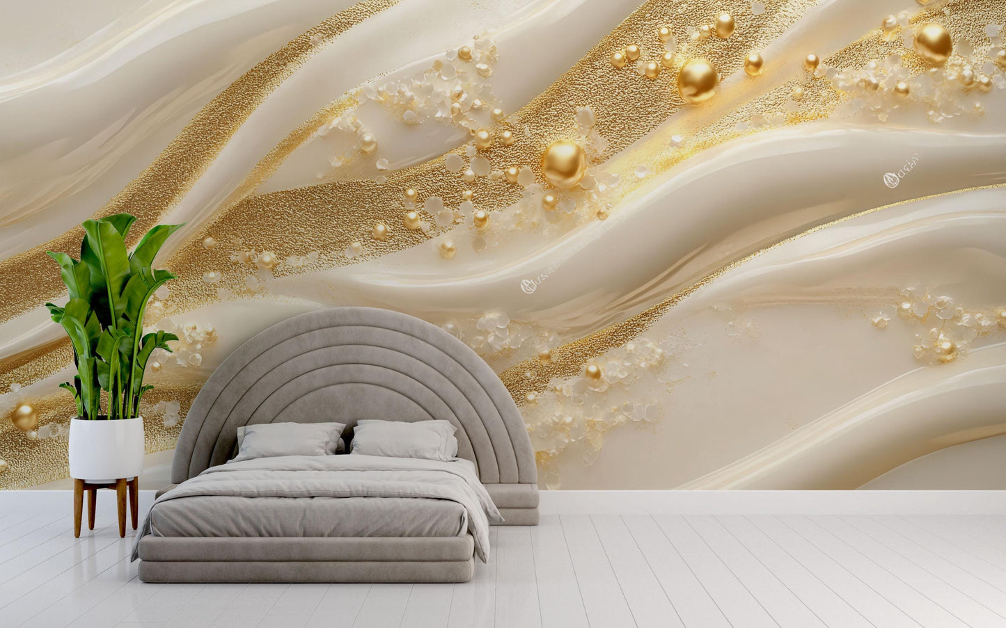 Luxury Gold Pearl Wave Wall Mural – 3D Elegant Cream and Gold Accent Wallpaper Vn776