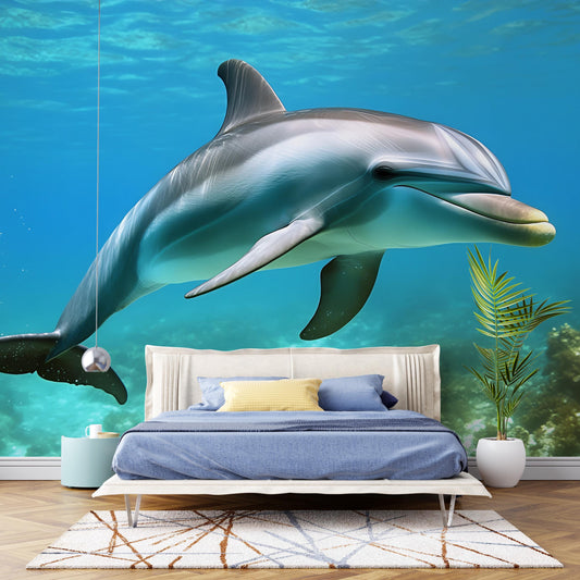 Ocean Dolphin Wall Mural for Bedroom – 3D Underwater Sea Life Wallpaper – Nautical Marine Decor for Kids & Adults Vn255