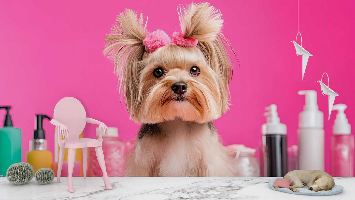 Cute Yorkie Dog Wall Mural – Pink Grooming Salon Backdrop for Pet Spa Decor Vn662