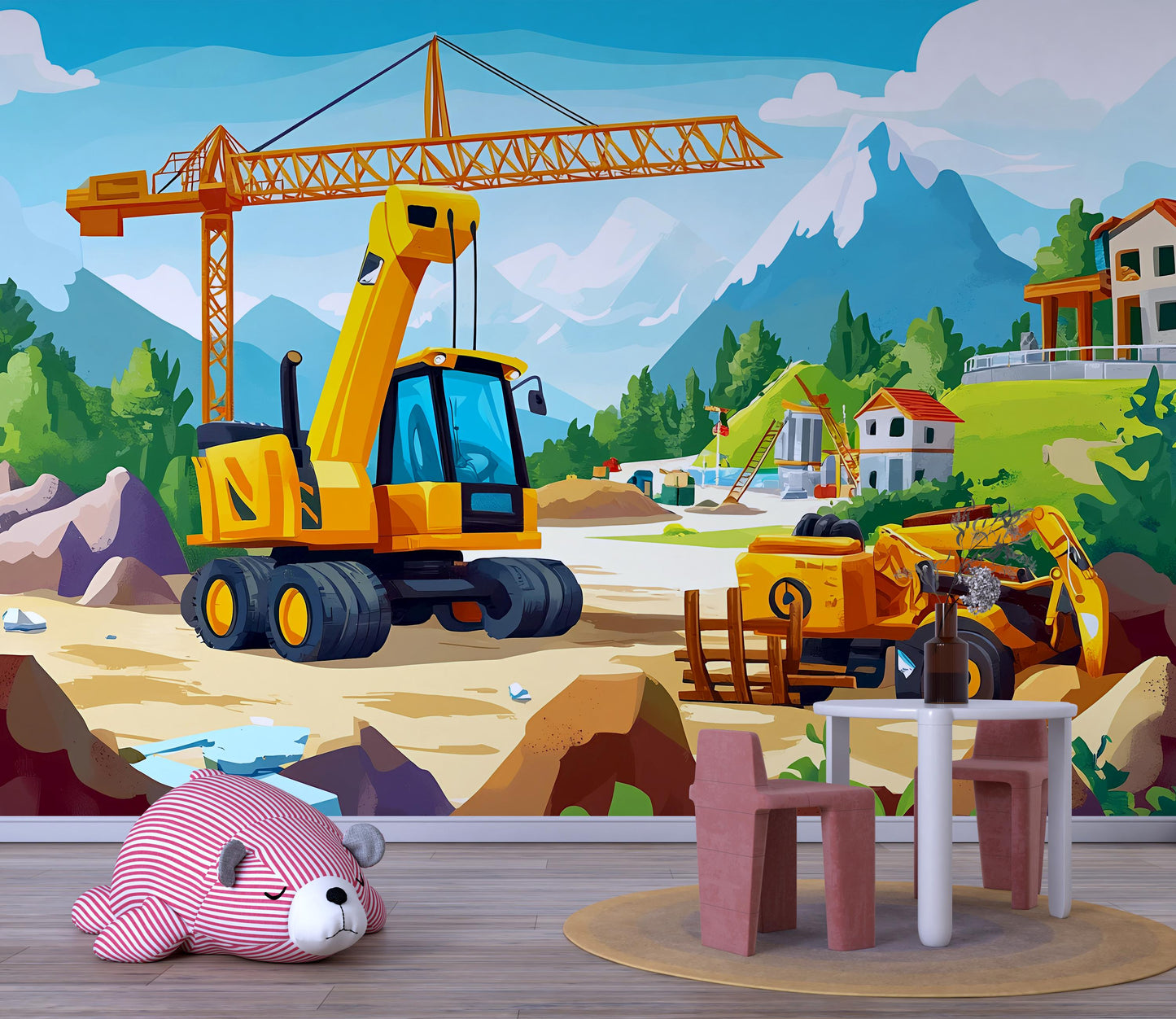 Construction Site Wall Mural for Kids Room - Cartoon Digger Crane and Mountain Scene - Removable Wallpaper Vn438
