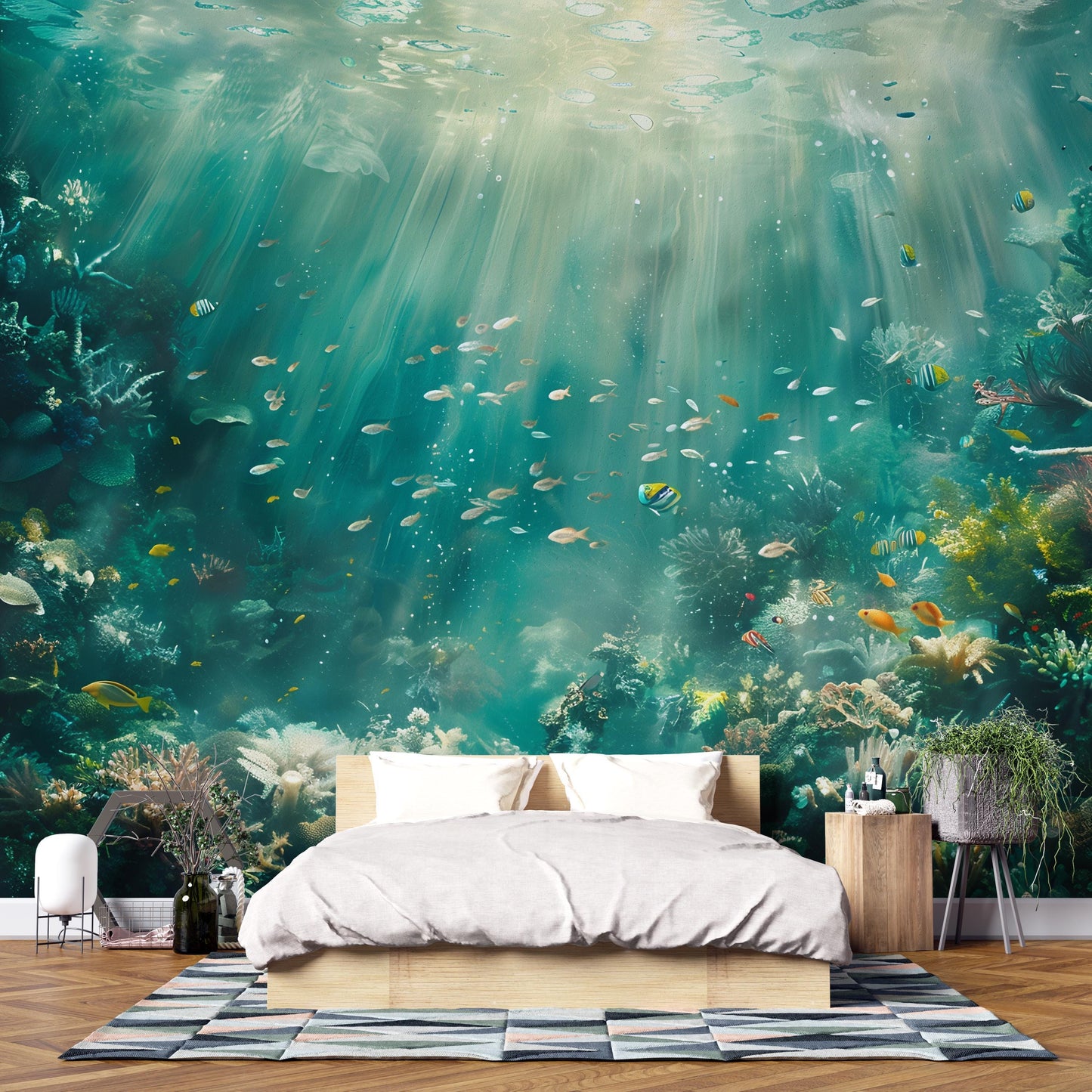 Underwater Ocean Wall Mural – Coral Reef & Fish Wallpaper, Aquatic Sea Life Accent Wall Decor for Bedroom or Living Room Vn1067