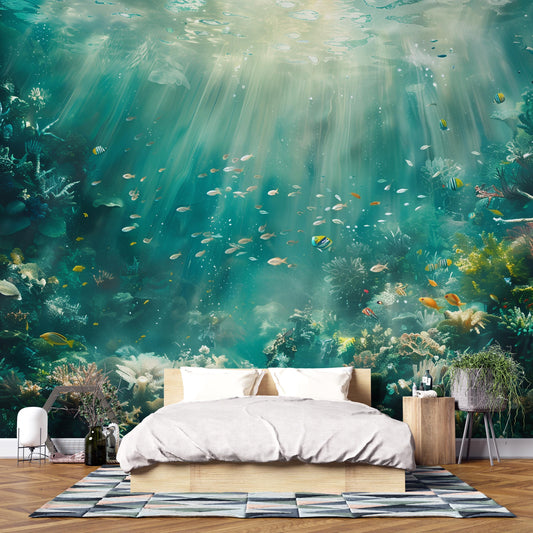 Underwater Ocean Wall Mural – Coral Reef & Fish Wallpaper, Aquatic Sea Life Accent Wall Decor for Bedroom or Living Room Vn1067