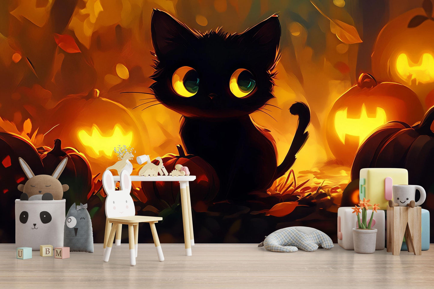 Cute Black Cat Halloween Wall Mural – Pumpkin Lantern Night Scene Vn812