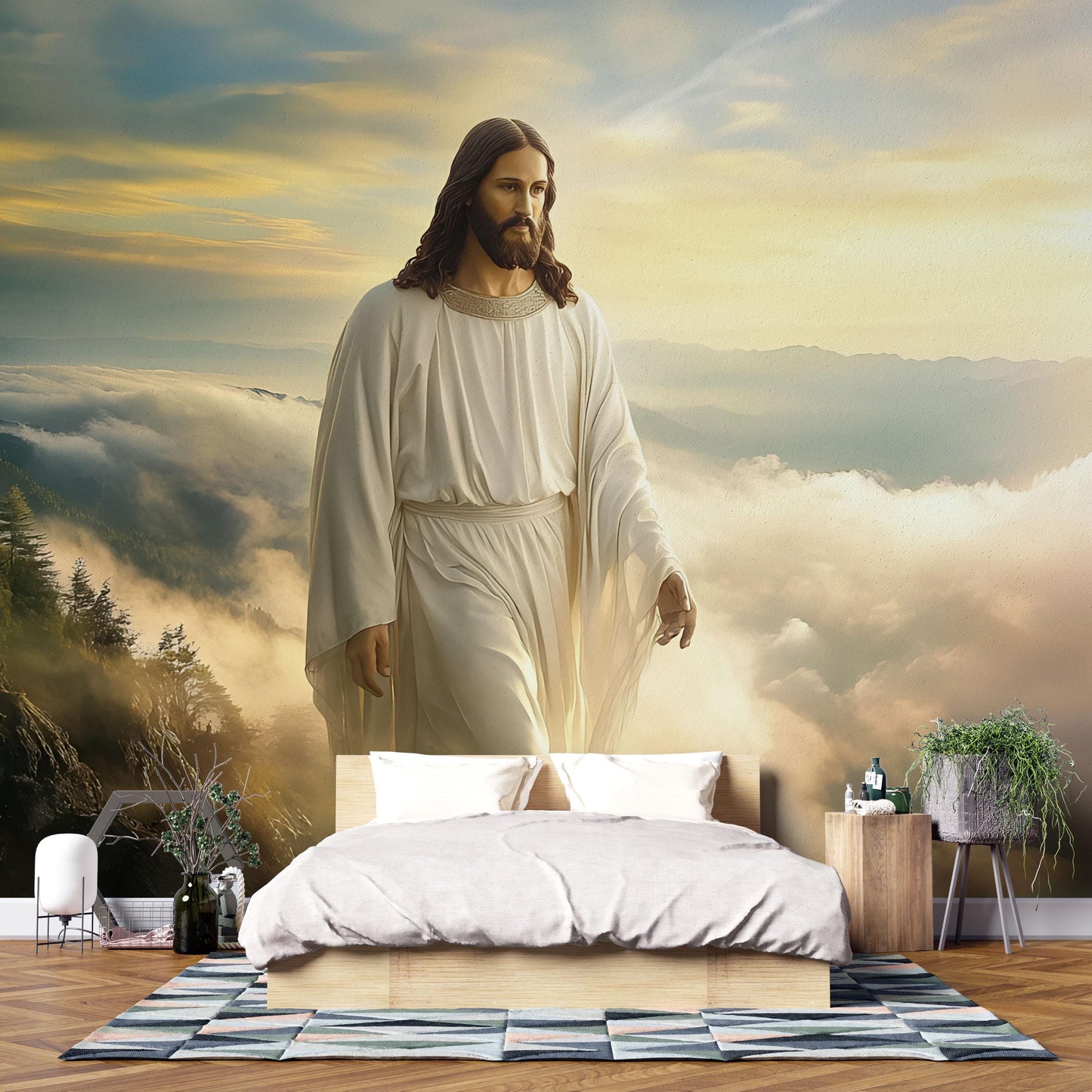 Heavenly Jesus Wall Mural – Christian Bedroom Decor, Religious Wall Art, Spiritual Interior Accent, Cloudscape Jesus Poster Vn611
