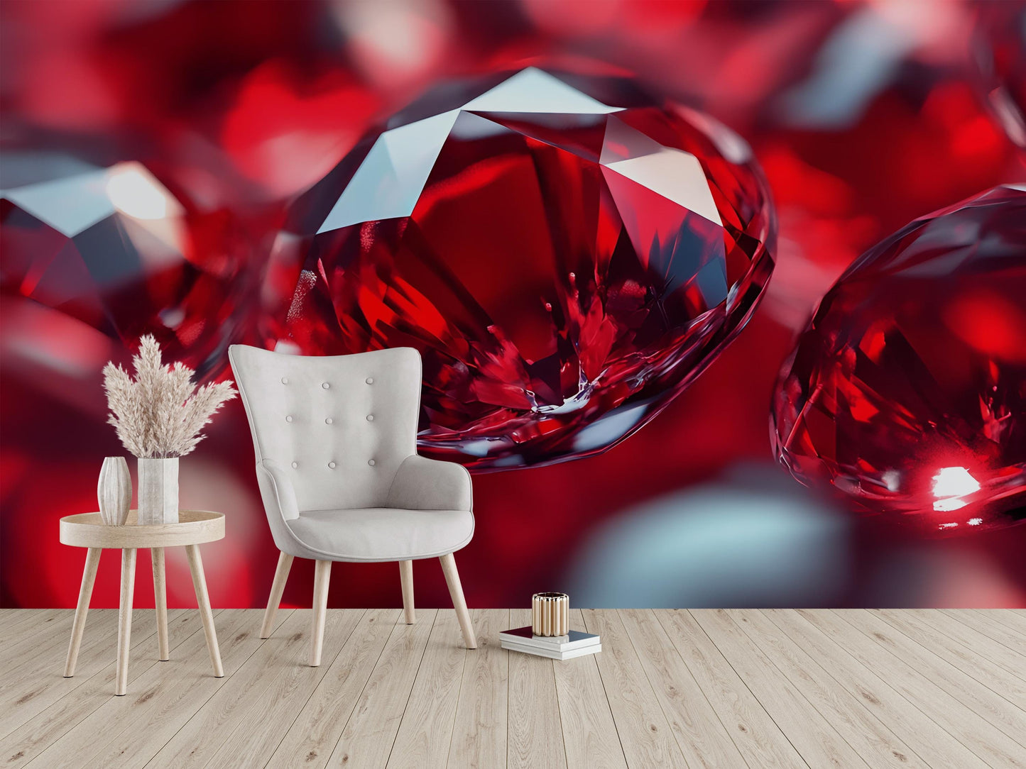 Ruby Gemstone Wall Art – Red Crystal Close-Up Mural for Luxe Interiors, Gem Theme Wallpaper, Modern Luxury Wall Decor Vn585