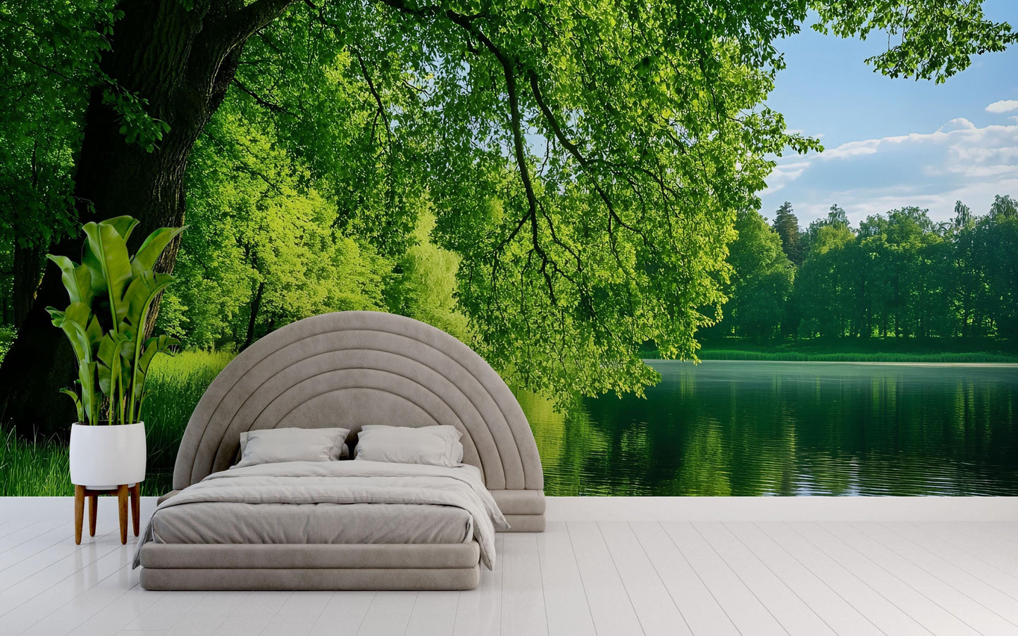 Nature Lake Forest Wall Mural, Scenic Bedroom Wallpaper, Tranquil Green Landscape Decor Vn692