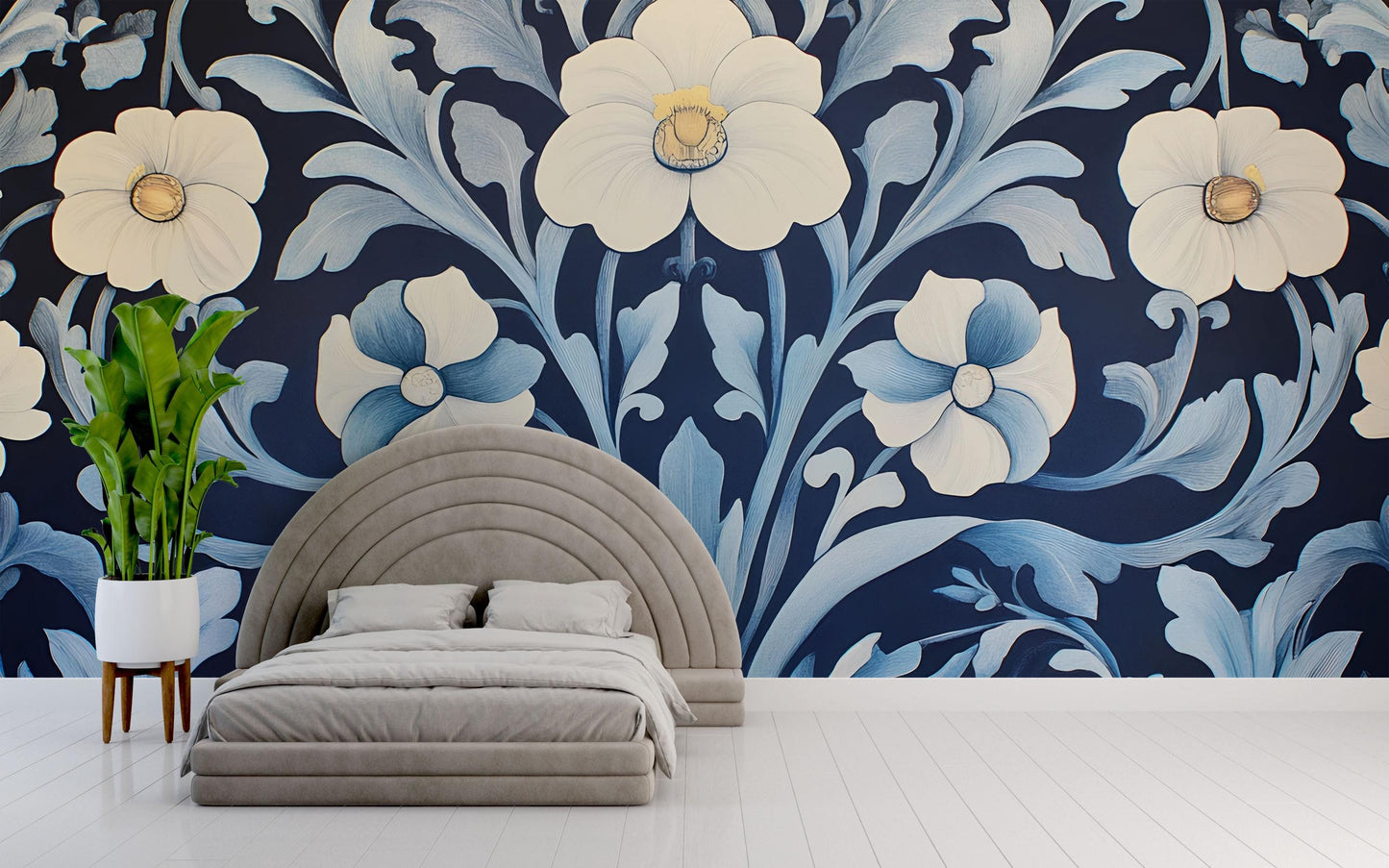 Navy Blue Floral Wall Mural, Large White Flower Wallpaper, Modern Botanical Bedroom Accent Wall Art Vn755