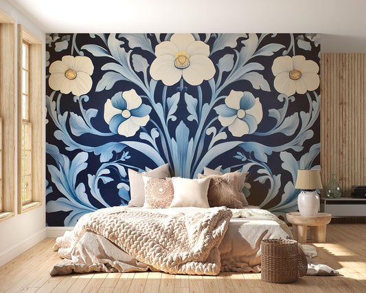 Navy Blue Floral Wall Mural, Large White Flower Wallpaper, Modern Botanical Bedroom Accent Wall Art Vn755