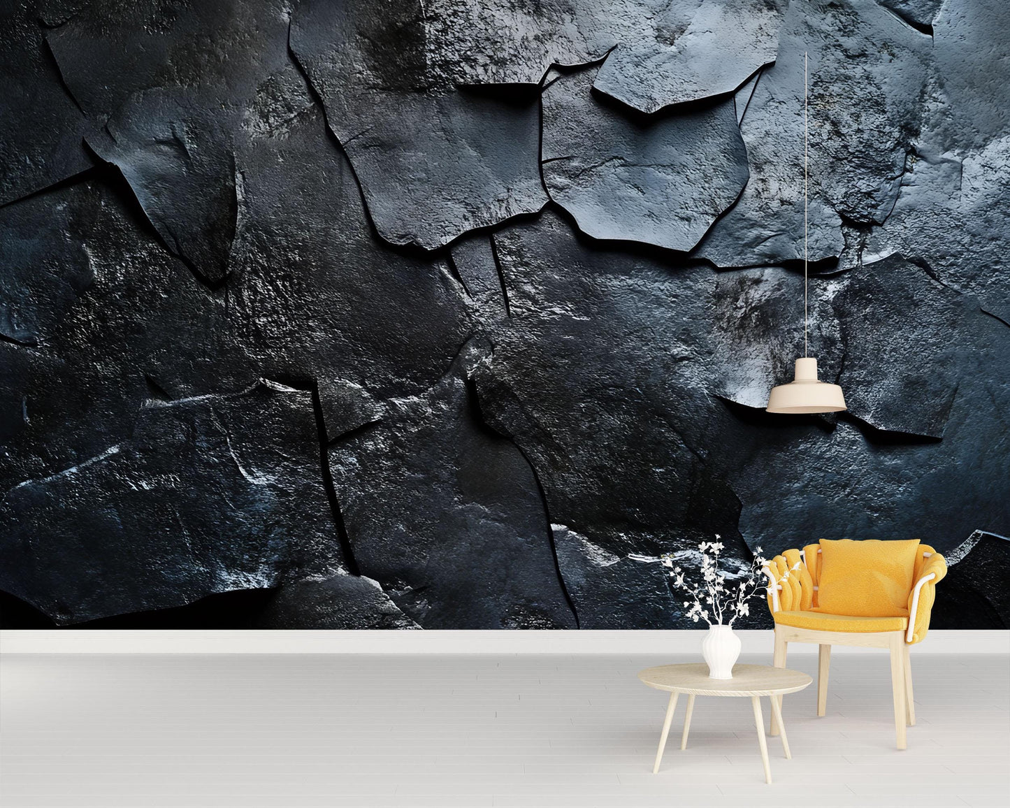 Modern Black Rock Texture Wallpaper – Bold Dark Stone Wall Mural for Living Room, Office, or Studio – Industrial Style Décor Vn653