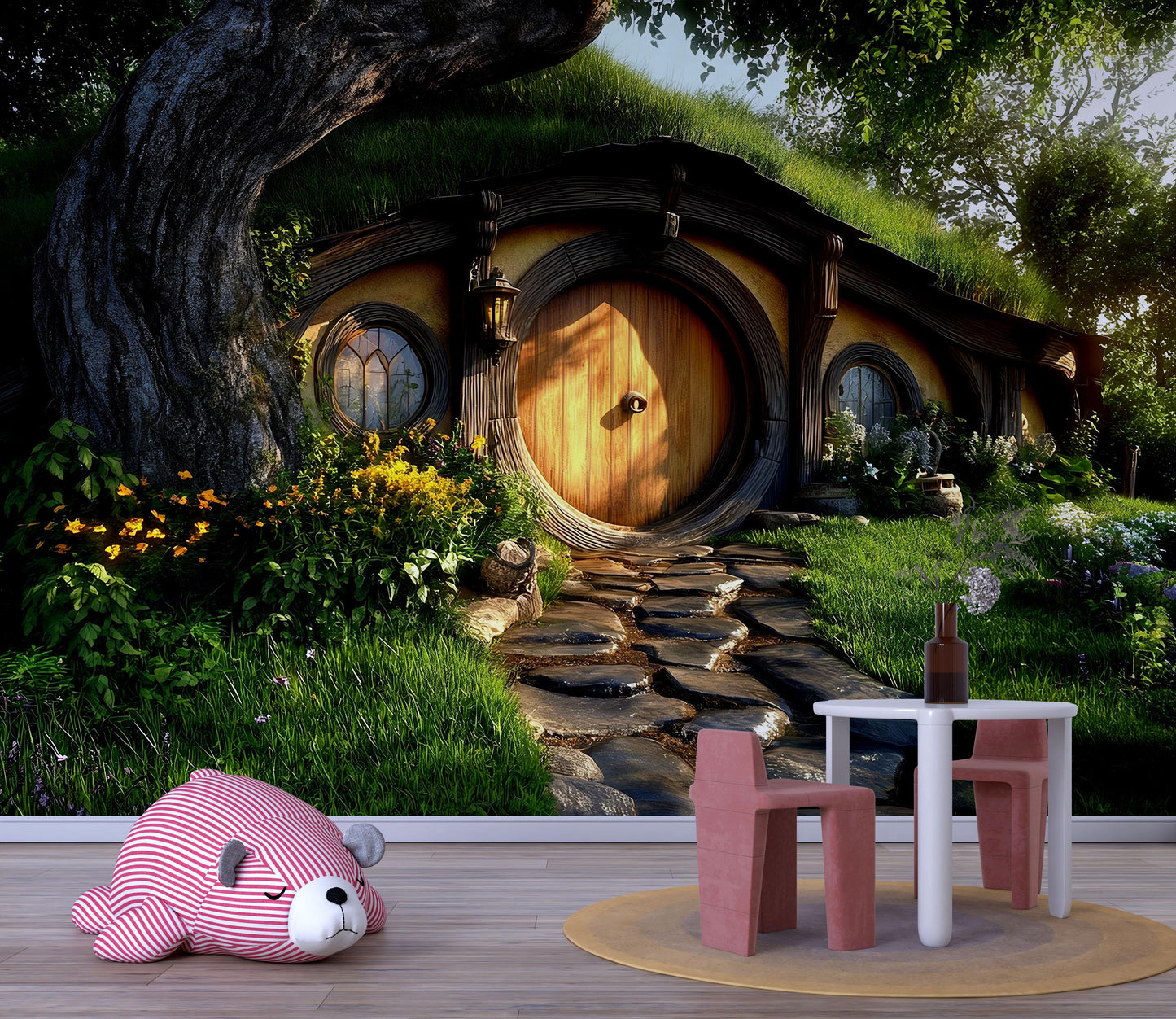 Whimsical Hobbit House Wall Mural for Kids Room – Fantasy Forest Nature Scene for Playroom, Nursery, or Cozy Nook Decor Vn602