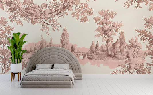 Pink Toile Wallpaper Mural | Vintage French Countryside Wall Art | Elegant Pastoral Decor Vn1034